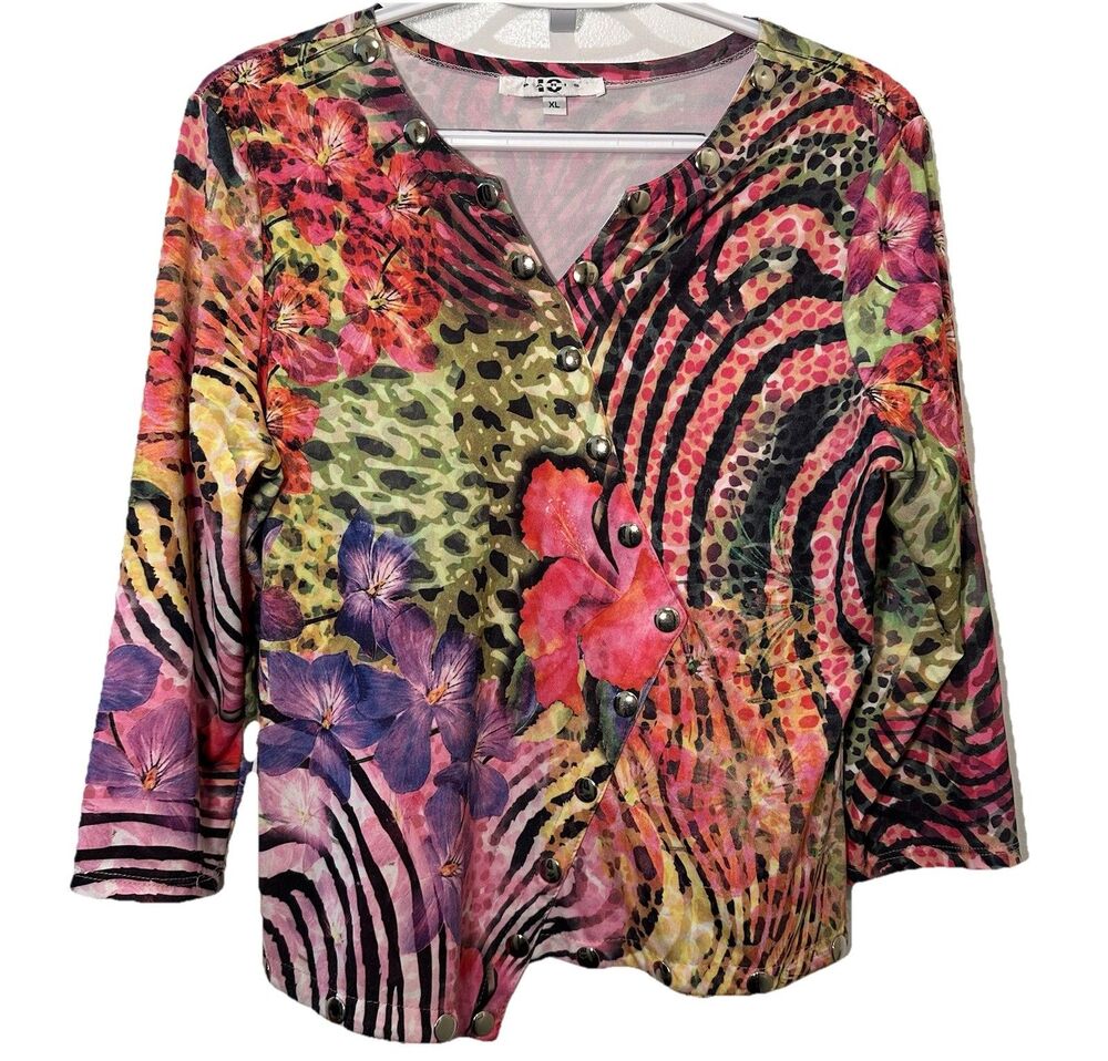 IQ Paris XL Asymmetrical Snap Button Top Abstract Floral Animal Print USA